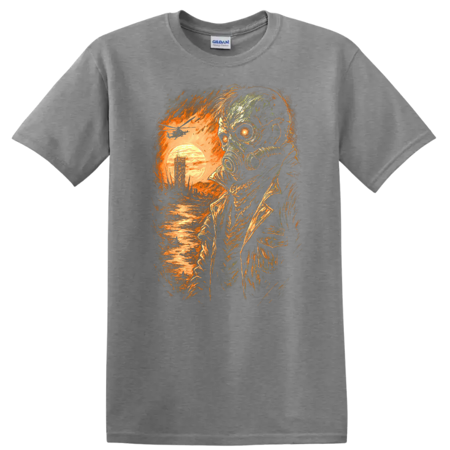 Distressed gothic gas mask skull survivor with fiery sunset and ruined landscape on a Sport Grey T Shirt