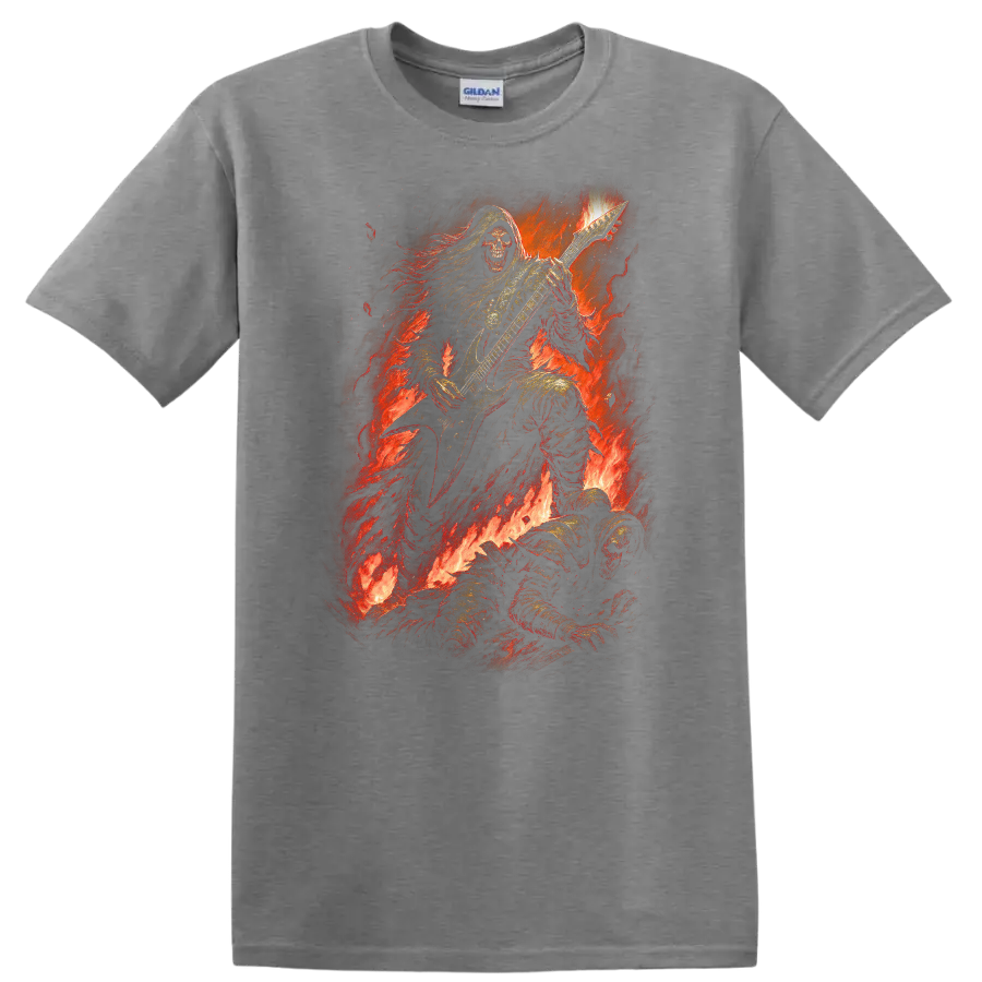 Hooded skeleton guitarist in flames, distressed vintage gothic rock artwork on a Sport Grey T Shirt