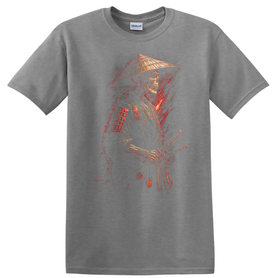 Vintage gothic samurai skeleton warrior in armor with conical hat and swords on a Sport Grey T Shirt