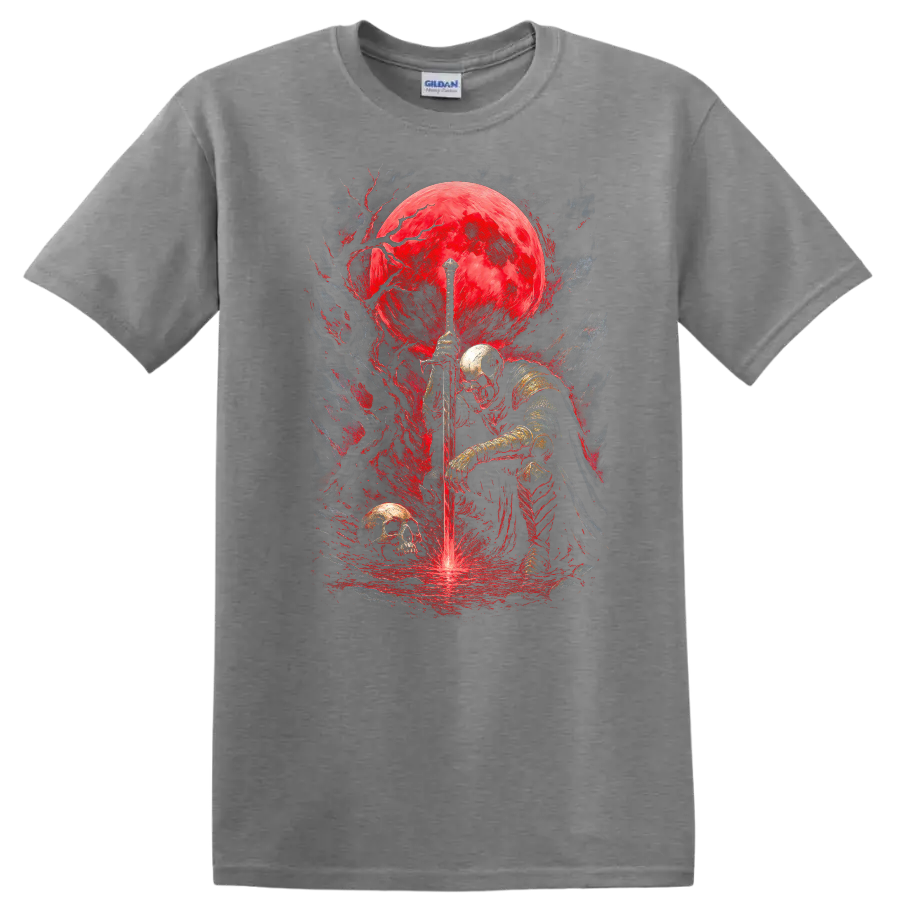 Armored skeletal knight with sword, skulls, and crimson moon in gothic fantasy art on a Sport Grey T Shirt