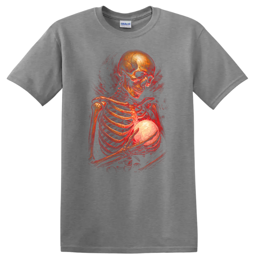 Gothic skeleton holding a glowing cracked orb in red vintage horror art on a Sport Grey T Shirt