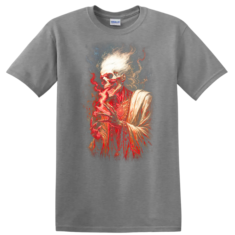Gothic robed skeleton conjuring red flame in a detailed dark fantasy illustration on a Sport Grey T Shirt