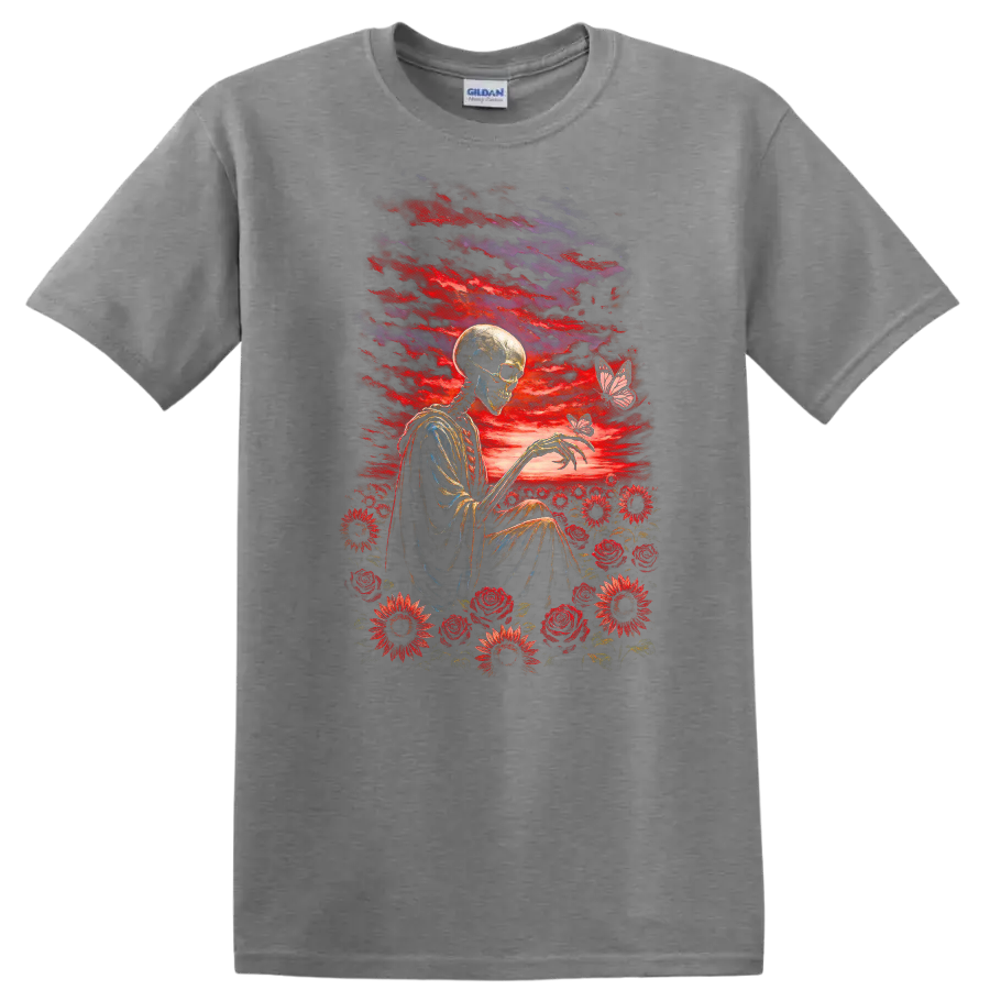 Vintage-style skeleton with red roses, flowers, butterflies, and a dramatic sky on a Sport Grey T Shirt