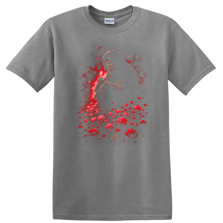Hooded grim reaper skull with red flowers in distressed gothic illustration on a Sport Grey T Shirt