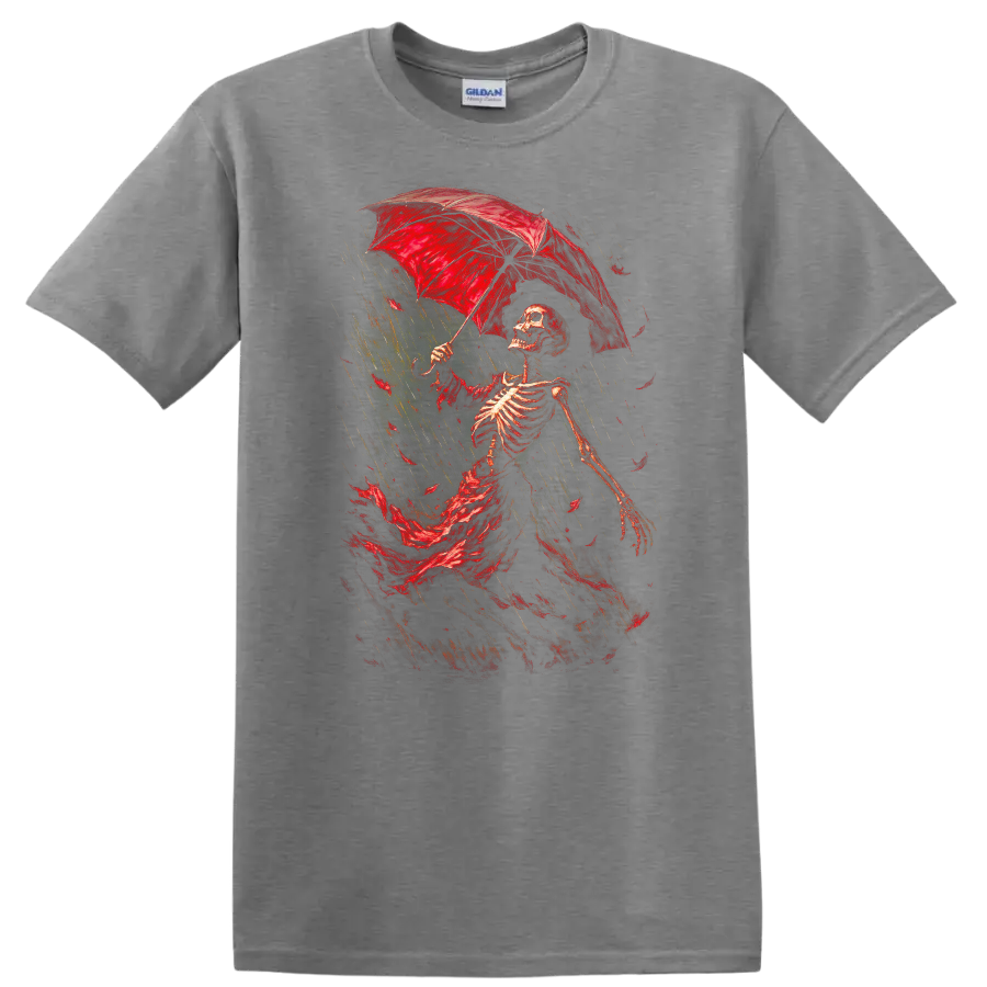 Vintage Gothic skeleton walking in rain beneath a red umbrella on a Sport Grey T Shirt