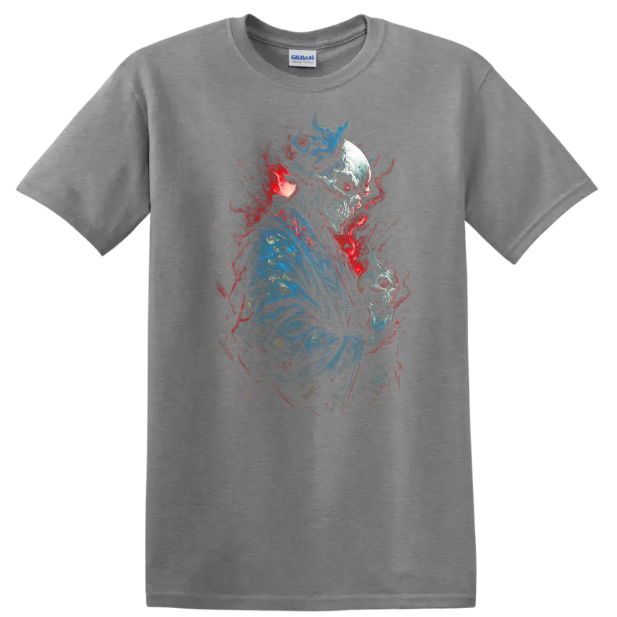 Crowned skeleton in blue robes holding a skull amid red and blue gothic splatter on a Sport Grey T Shirt