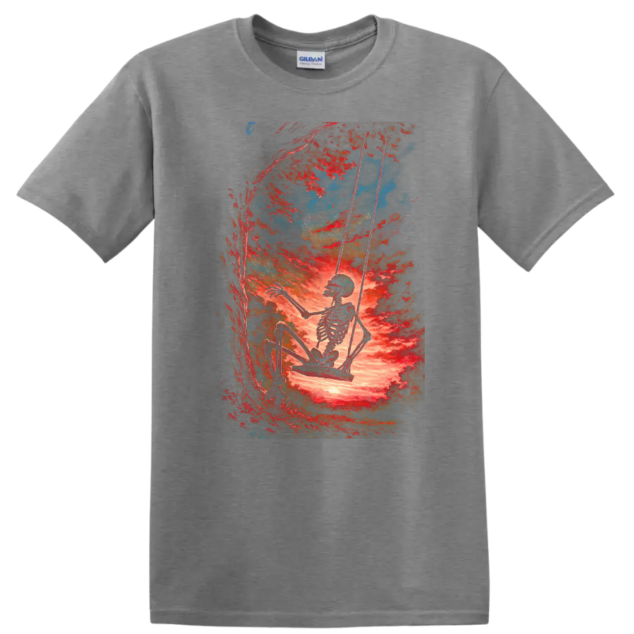 Vintage skeleton swinging beneath red trees in surreal gothic forest art on a Sport Grey T Shirt