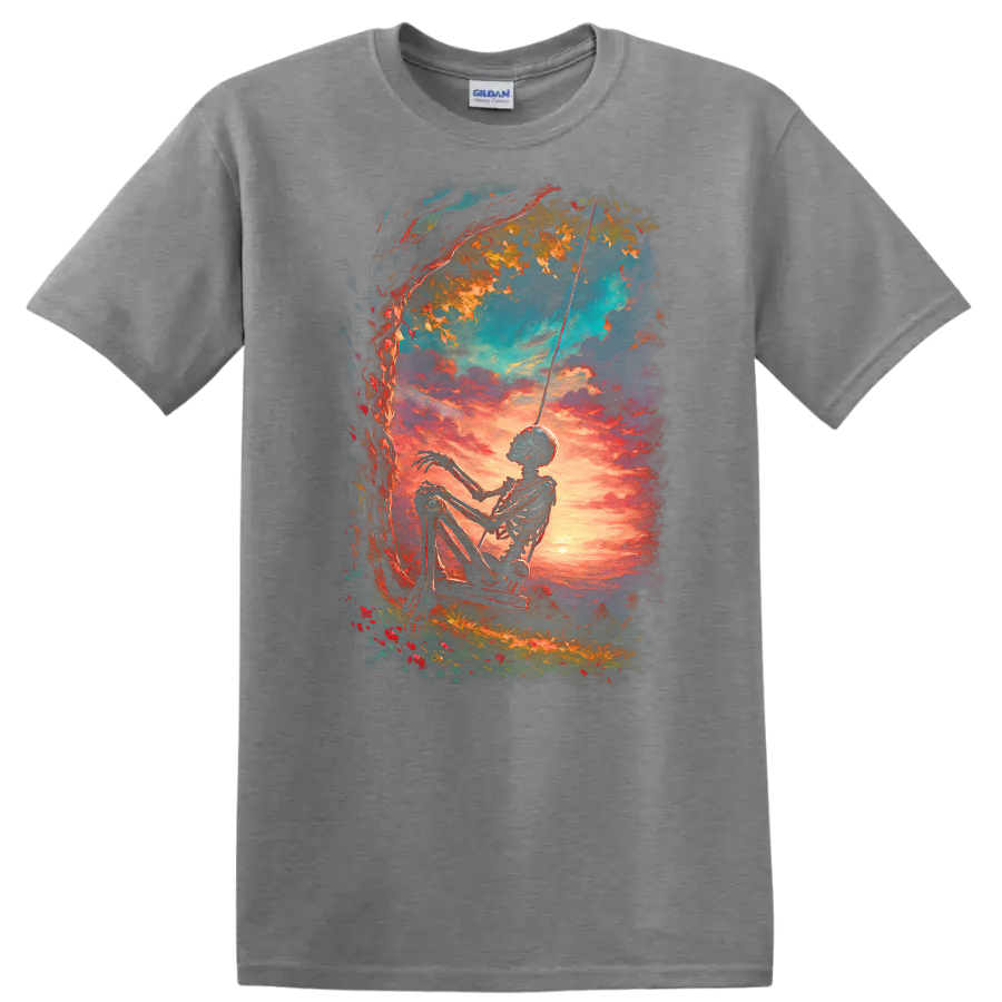Vintage gothic skeleton on a swing beneath a tree at a vivid sunset on a Sport Grey T Shirt