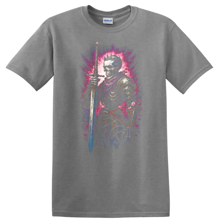 Crowned skeleton warrior with sword, ornate armor, and vivid floral gothic artwork on a Sport Grey T Shirt