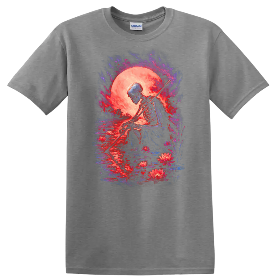 Moonlit skeleton with staff, lotus flowers, reflective water, and gothic full moon art on a Sport Grey T Shirt