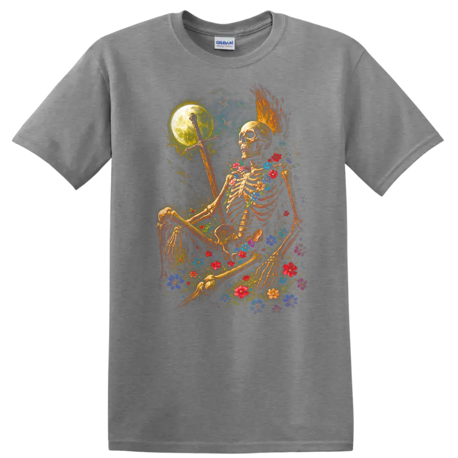 Moonlit floral skeleton holding a sword in a gothic flower-filled night scene on a Sport Grey T Shirt
