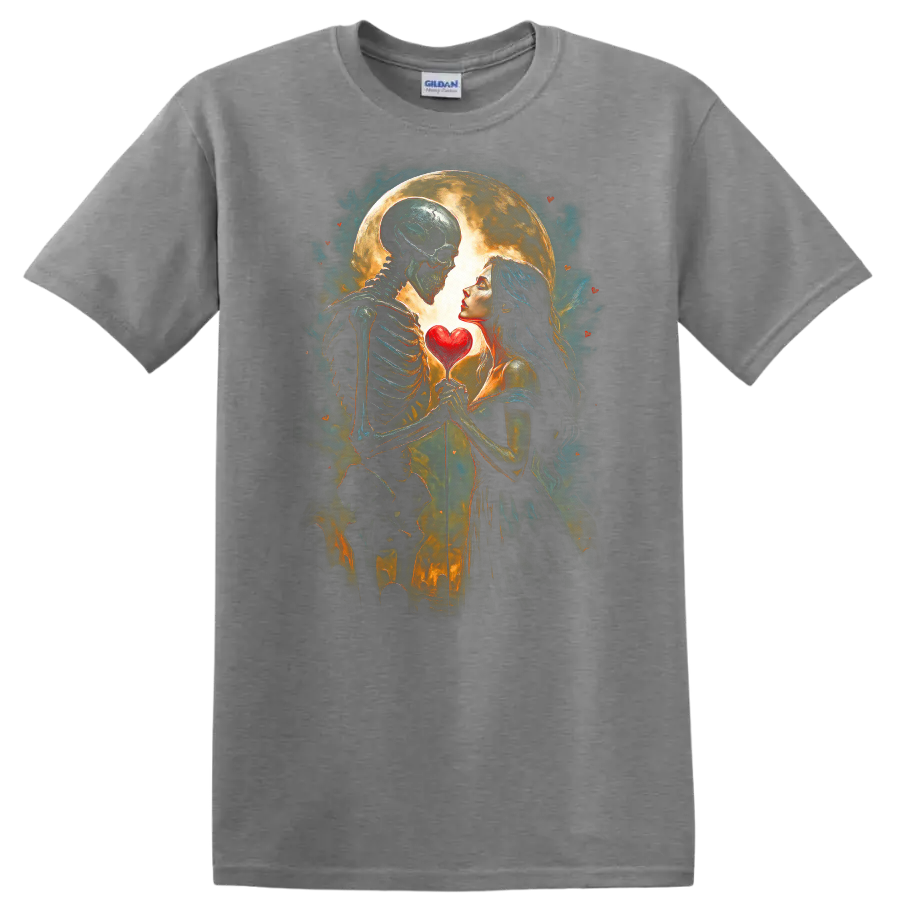 Romantic skeleton and woman holding a heart beneath a full moon in gothic art on a Sport Grey T Shirt