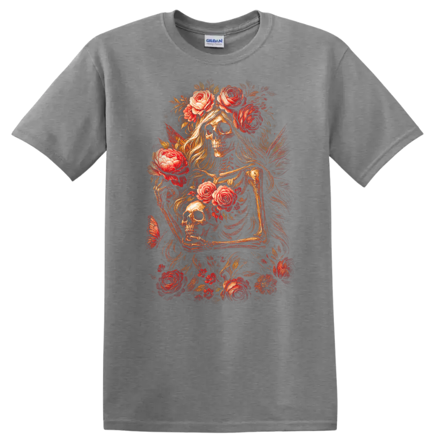 Vintage gothic skeletal figures and skulls surrounded by red roses and foliage on a Sport Grey T Shirt