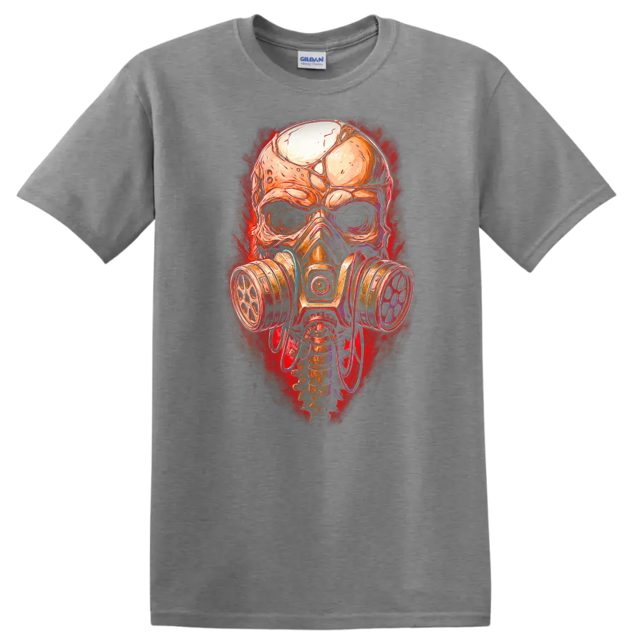 Gothic illustrated skull wearing a gas mask with distressed red horror-art backdrop on a Sport Grey T Shirt