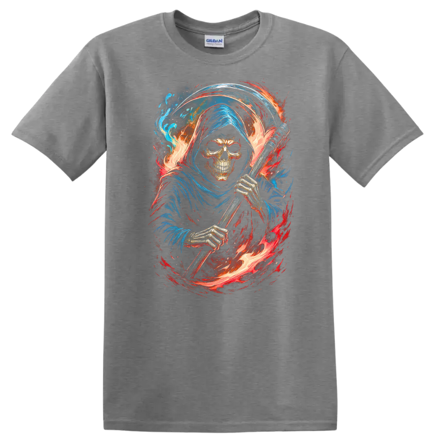 Hooded Grim Reaper skeleton with scythe, swirling flames, and blue gothic artwork on a Sport Grey T Shirt