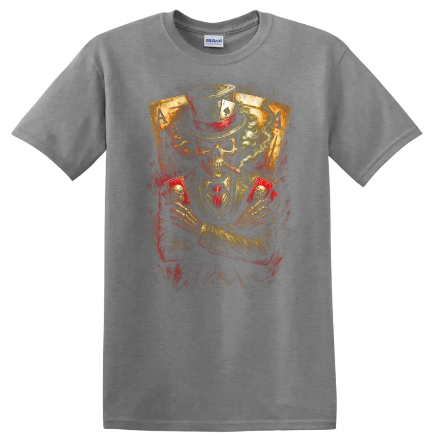 Vintage gothic skeleton poker player in top hat holding skull cards before ace cards on a Sport Grey T Shirt