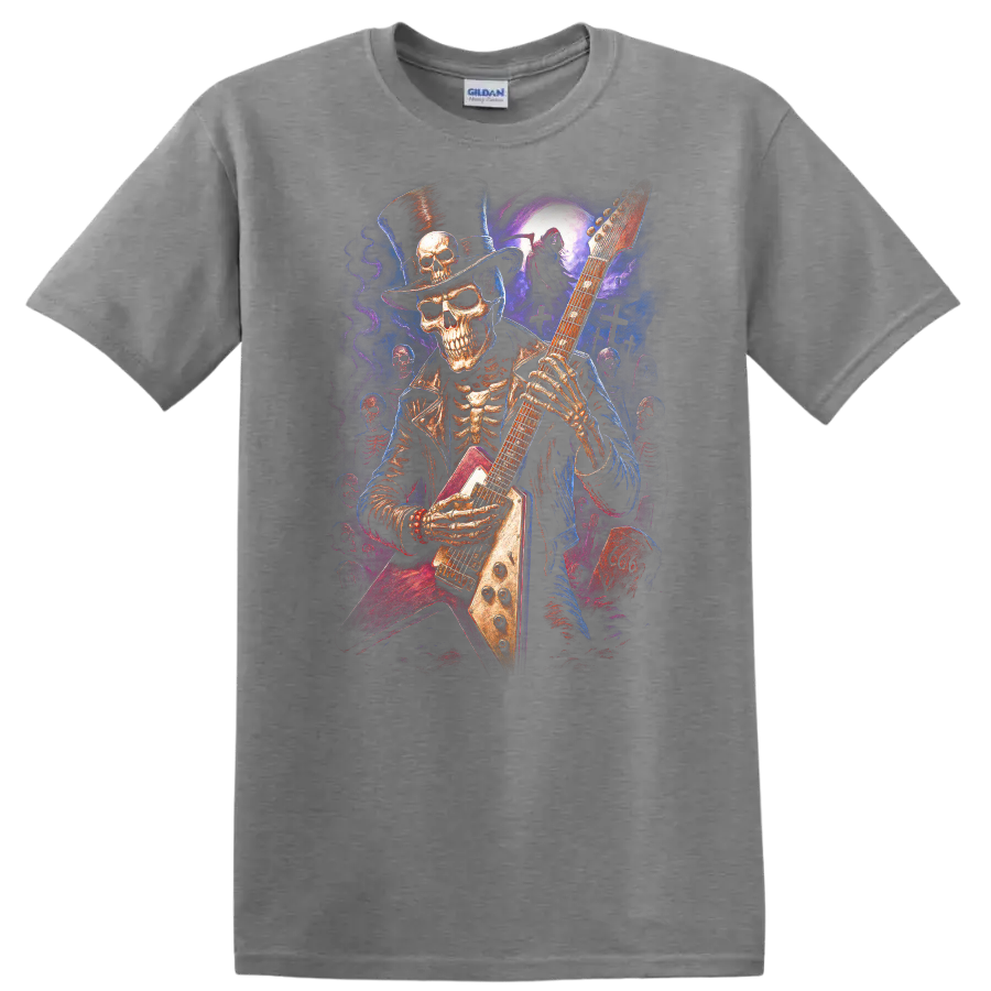 Top-hatted skeleton guitarist in vivid gothic moonlit graveyard art on a Sport Grey T Shirt