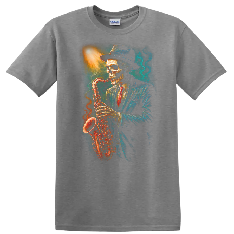 Vintage gothic skeleton in a suit and hat playing a glowing saxophone on a Sport Grey T Shirt
