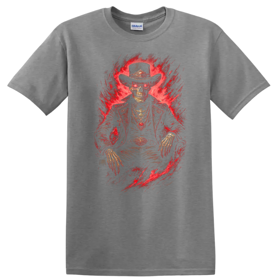 Skeleton cowboy in a wide-brim hat with fiery red gothic horror artwork on a Sport Grey T Shirt