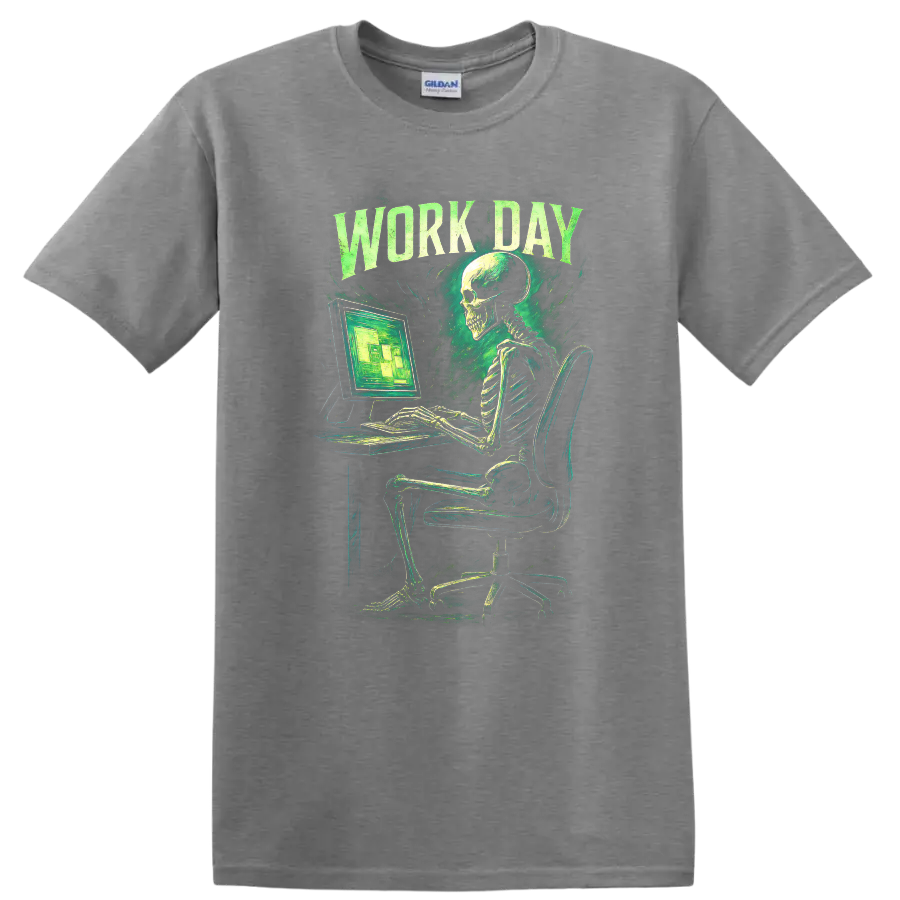 Work Day skeleton at computer in distressed vintage gothic green graphic on a Sport Grey T Shirt