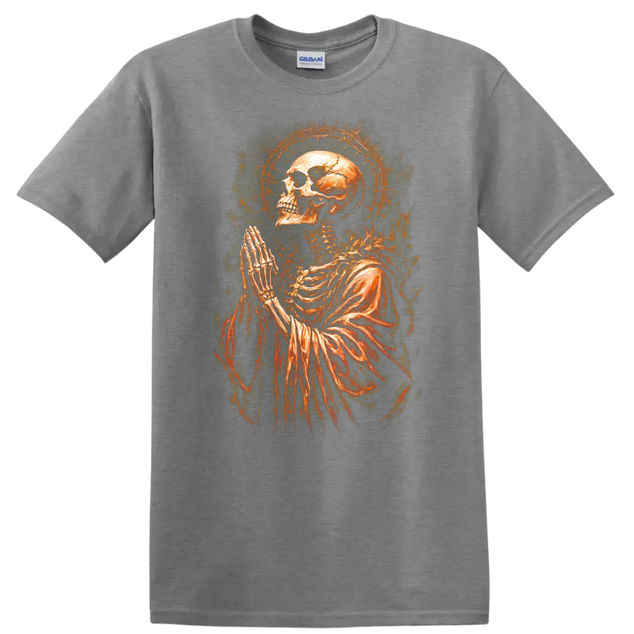 Praying skeleton skull with fiery halo in vintage gothic dark-art style on a Sport Grey T Shirt