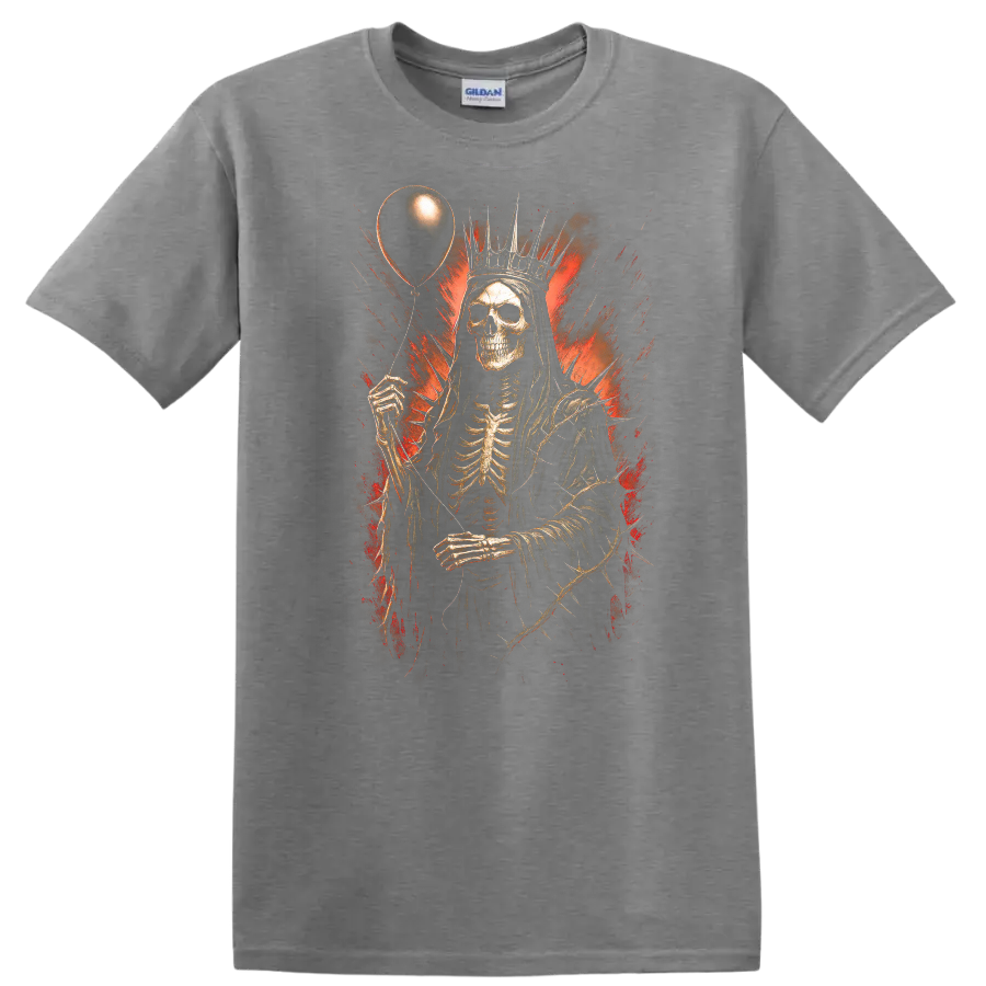 Crowned skeleton holding a balloon in distressed red and black gothic horror art on a Sport Grey T Shirt