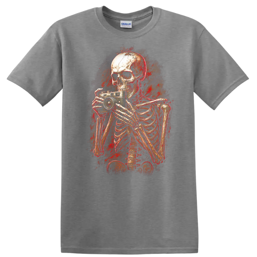 Distressed gothic skeleton photographer holding a vintage camera horror art graphic on a Sport Grey T Shirt