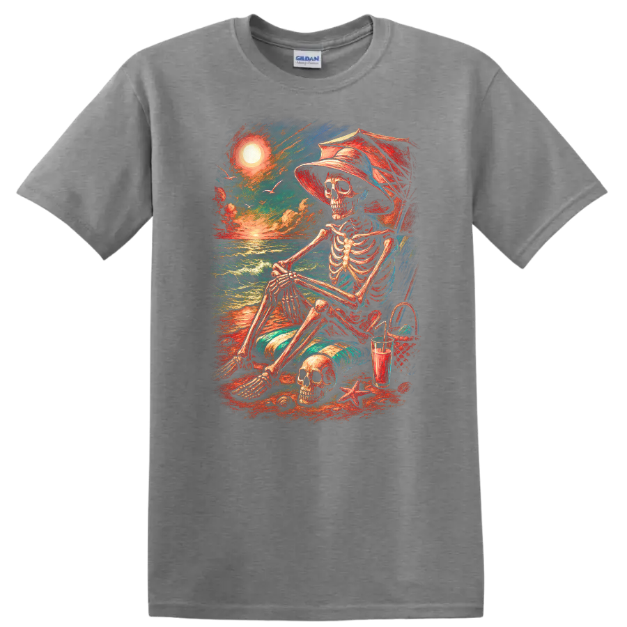 Vintage-style skeleton in beach chair with skull, ocean waves, hat, and sunset on a Sport Grey T Shirt