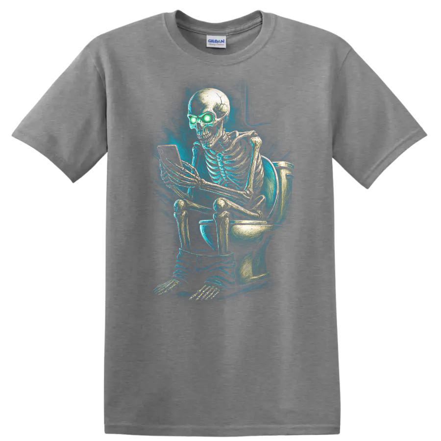 Vintage gothic skeleton on toilet using phone with glowing green eyes on a Sport Grey T Shirt