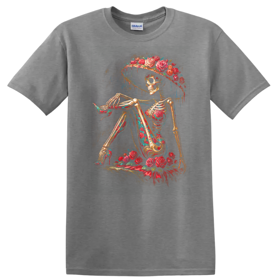 Vintage gothic skeleton in a wide-brim hat surrounded by red roses on a Sport Grey T Shirt