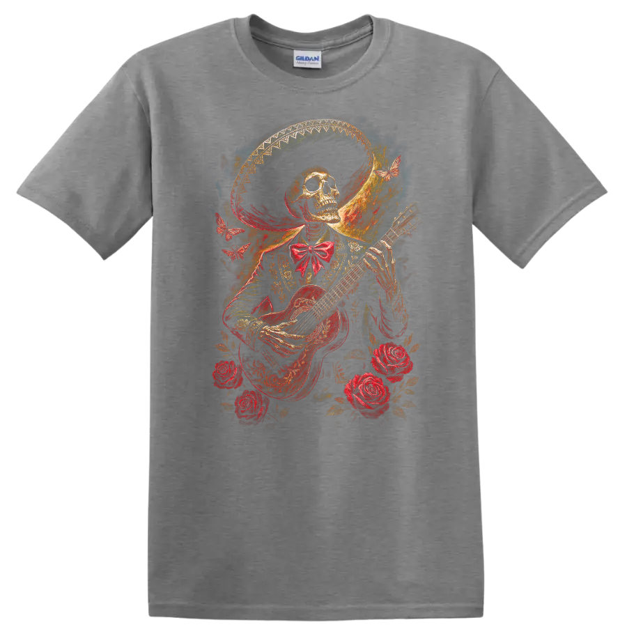 Vintage gothic skeleton guitarist with roses, butterflies, and ornate wide-brimmed hat on a Sport Grey T Shirt