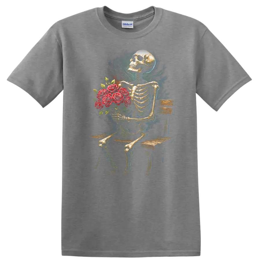 Vintage gothic skeleton holding a bouquet of red roses while seated on a wooden bench on a Sport Grey T Shirt