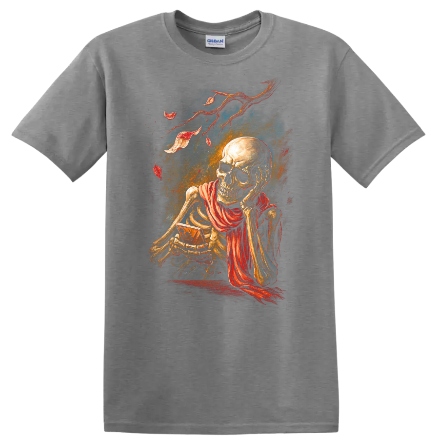 Vintage gothic skeleton skull illustration with flowing red scarf and distressed ribbons on a Sport Grey T Shirt