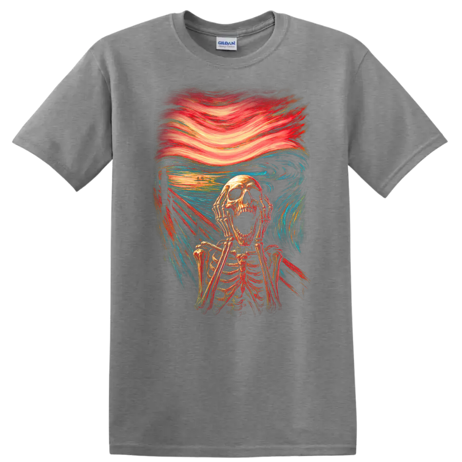 Screaming skeleton in vintage gothic horror art with swirling red and blue brushwork on a Sport Grey T Shirt