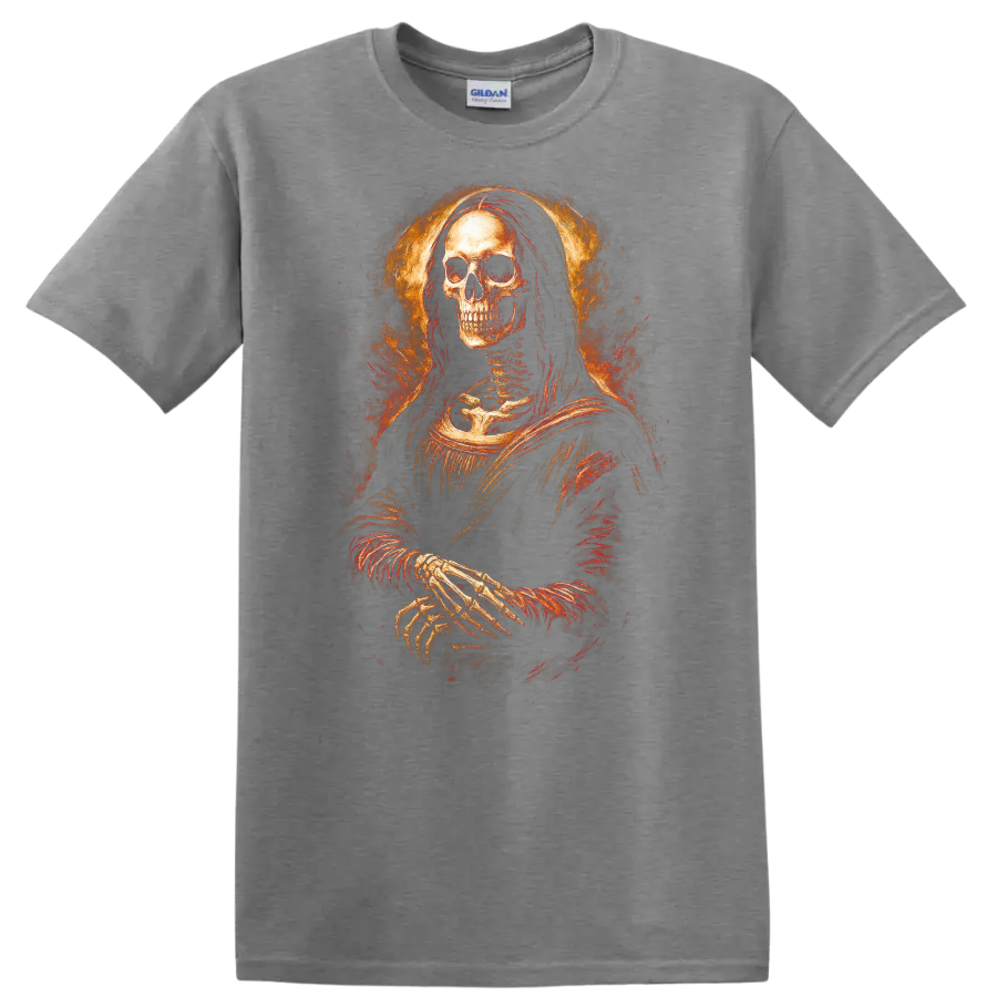 Vintage gothic skeleton portrait with crossed hands and fiery distressed halo on a Sport Grey T Shirt
