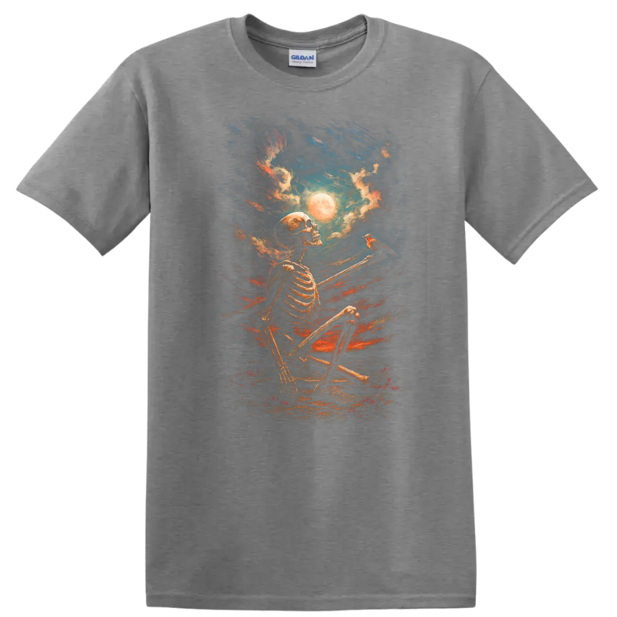 Vintage gothic painting of seated skeleton, bird, full moon, and dramatic night sky on a Sport Grey T Shirt