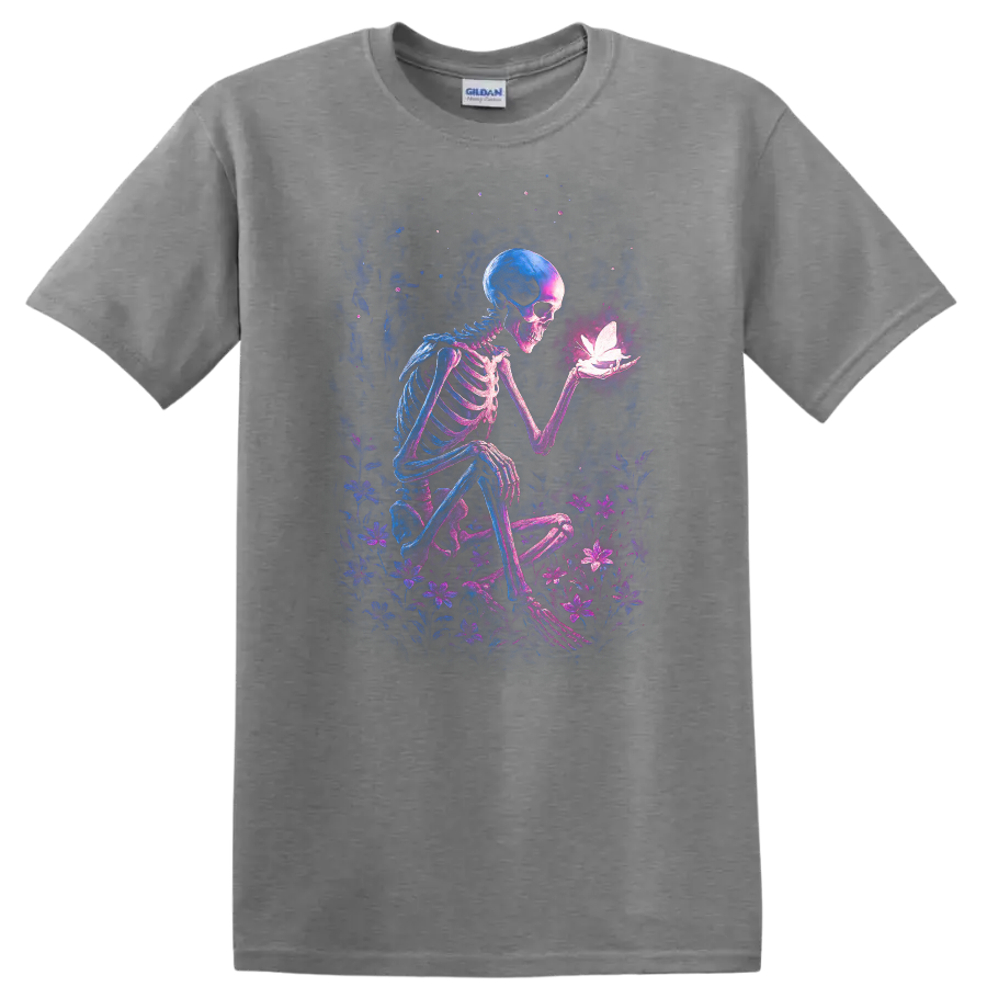 Gothic skeleton holding a glowing butterfly amid neon wildflowers on a Sport Grey T Shirt