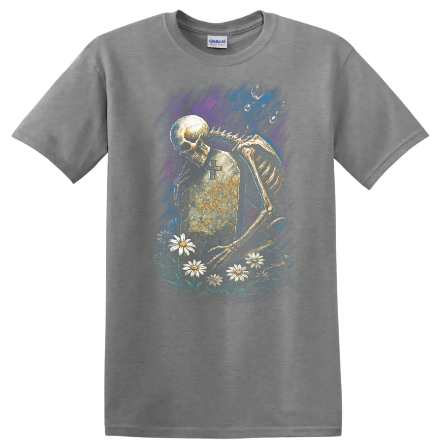 Skeleton mourning beside a cross tombstone and daisies in vintage gothic artwork on a Sport Grey T Shirt