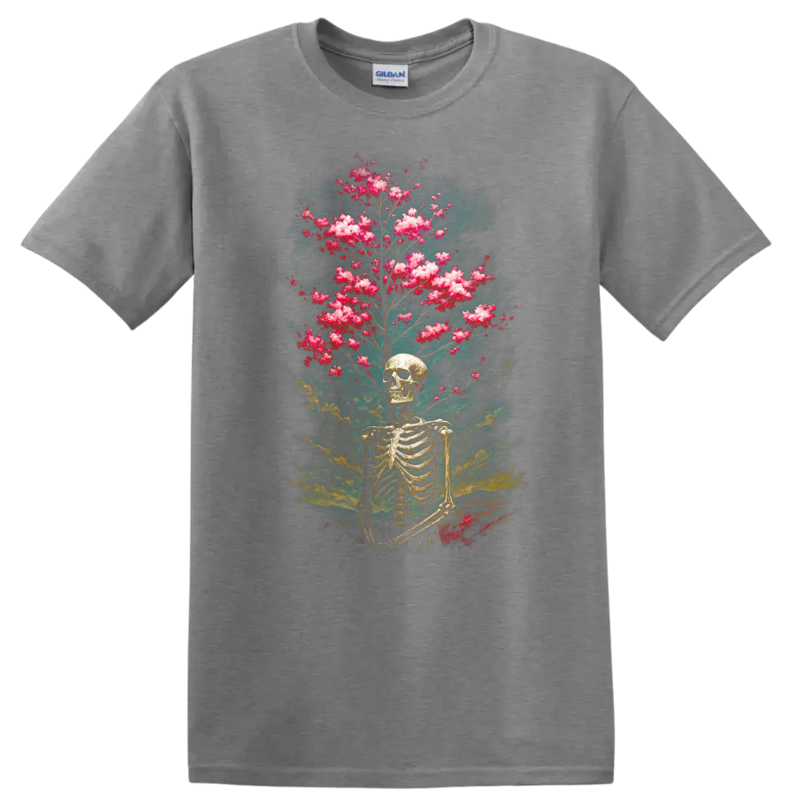 Vintage gothic skeleton skull with pink blooming branches and smoky teal backdrop on a Sport Grey T Shirt