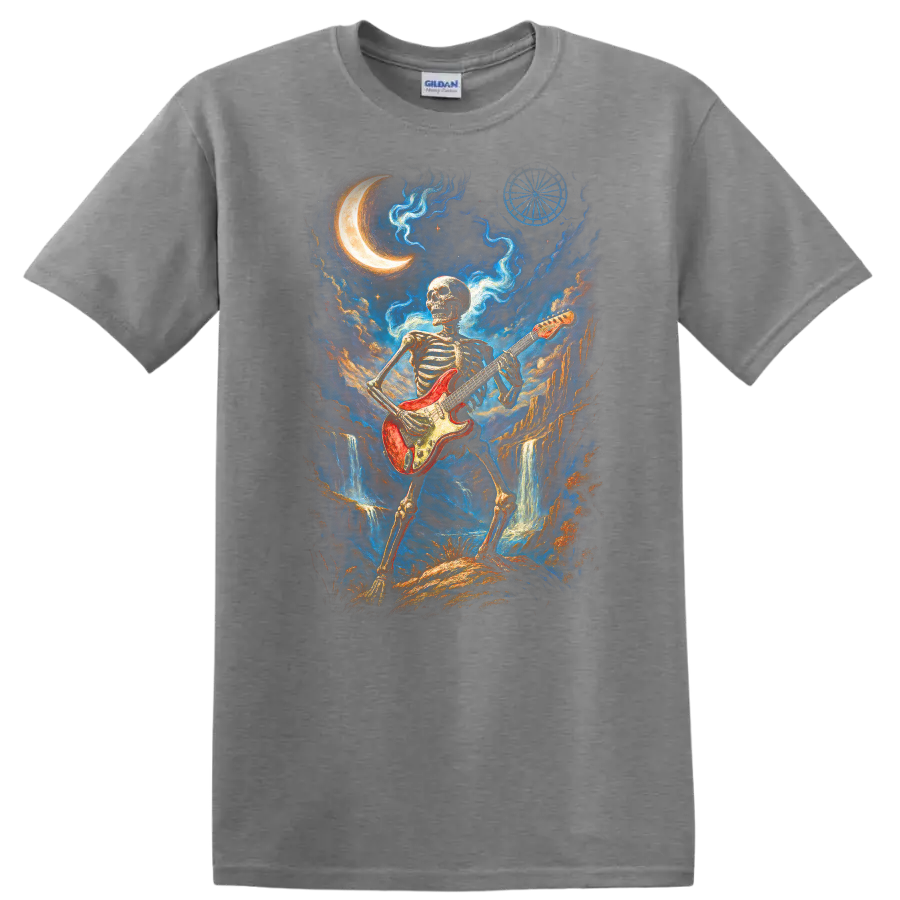 Skeleton guitarist with red electric guitar in moonlit gothic fantasy art on a Sport Grey T Shirt