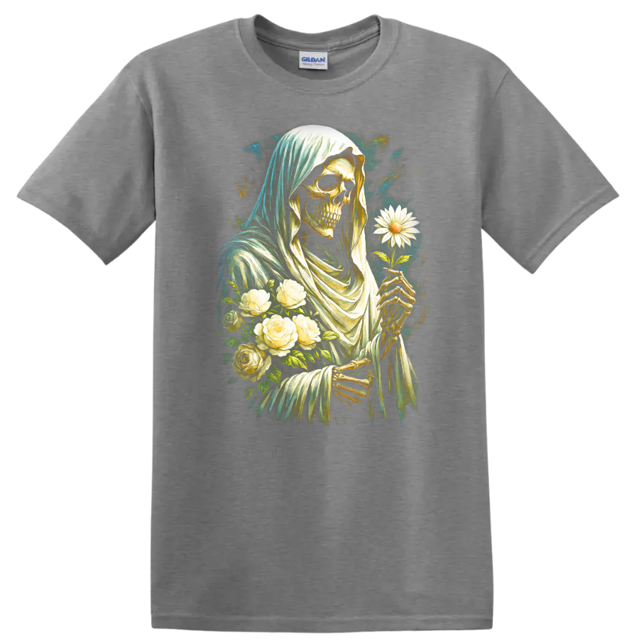 Vintage gothic hooded skeleton holding a white daisy with roses on a Sport Grey T Shirt