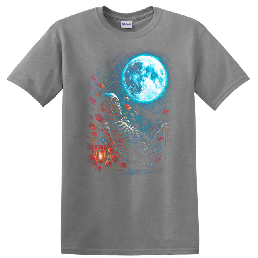 Vintage gothic skeleton resting among wildflowers beneath a full moon with lantern on a Sport Grey T Shirt