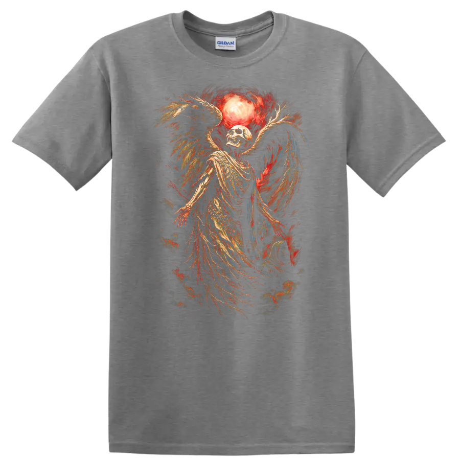 Vintage winged skeleton skull beneath a glowing moon in distressed gothic art on a Sport Grey T Shirt