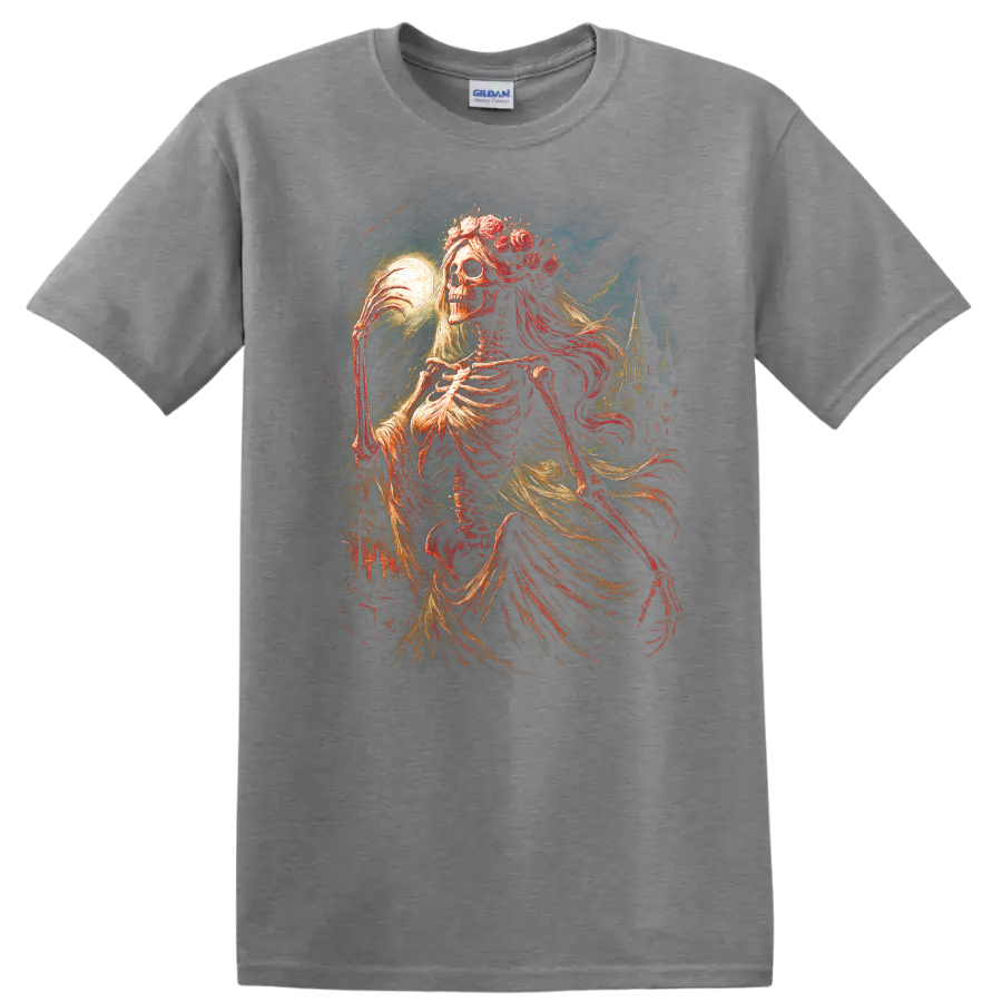 Moonlit floral skeleton in ornate vintage gothic art with flowing drapery on a Sport Grey T Shirt
