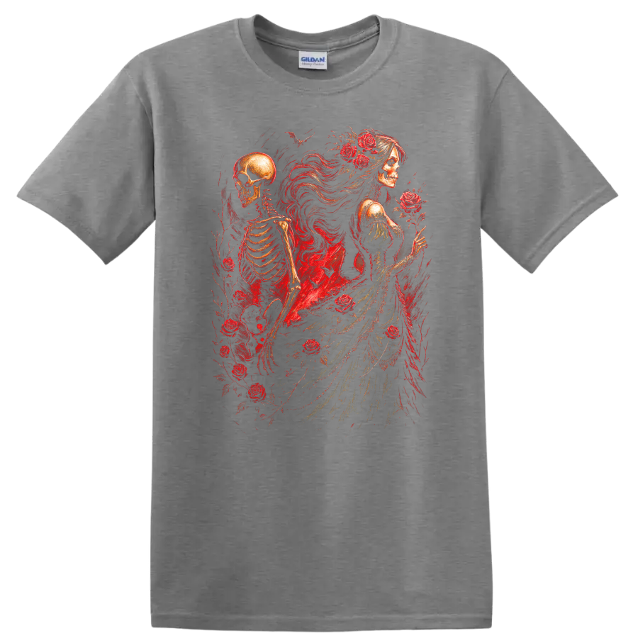 Vintage gothic skeletal woman and skeleton surrounded by red roses on a Sport Grey T Shirt