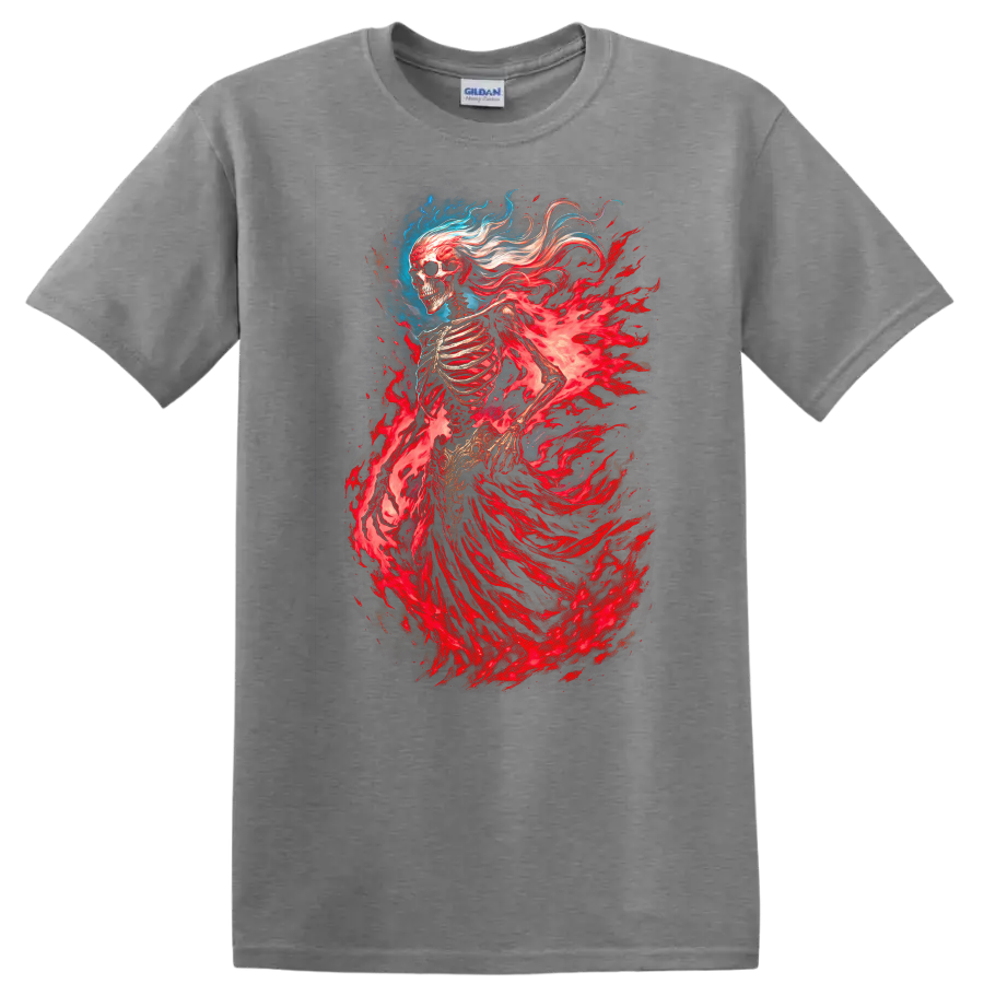 Flaming skeleton spirit with red spectral energy in detailed gothic fantasy art on a Sport Grey T Shirt