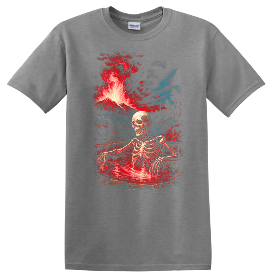 Vintage gothic skeleton standing in a lava pool beneath an erupting volcano on a Sport Grey T Shirt