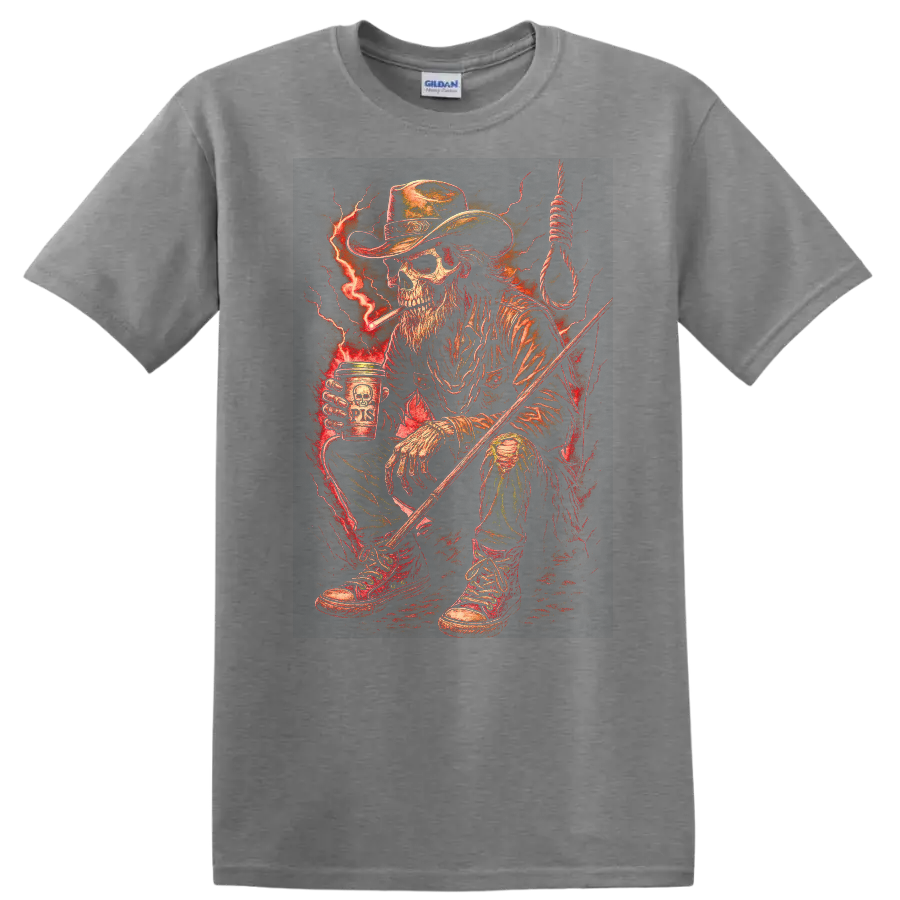 Vintage Gothic skeleton cowboy with red lightning, noose, boots, and rugged Western art on a Sport Grey T Shirt