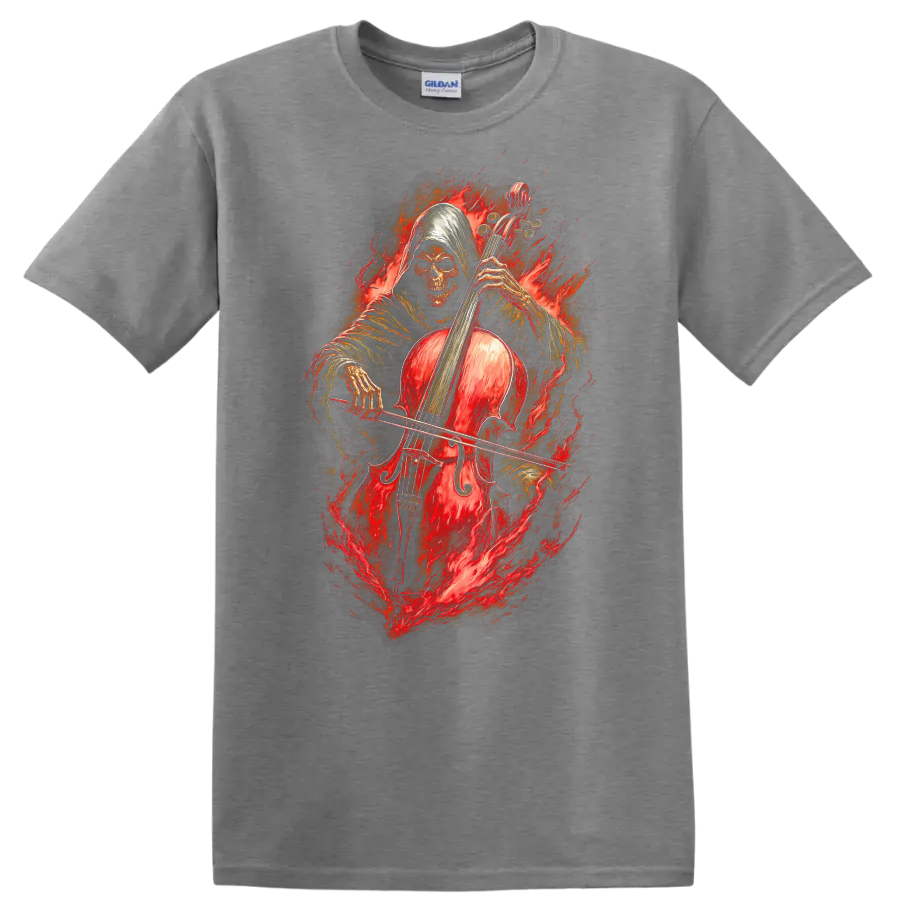Hooded skeleton cellist with a red cello surrounded by fiery gothic artwork on a Sport Grey T Shirt