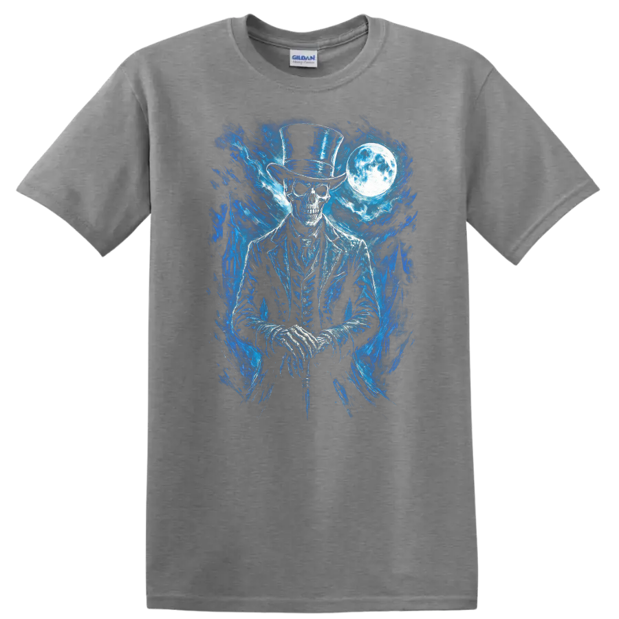 Moonlit gothic skeleton in top hat with blue spectral art and full moon on a Sport Grey T Shirt